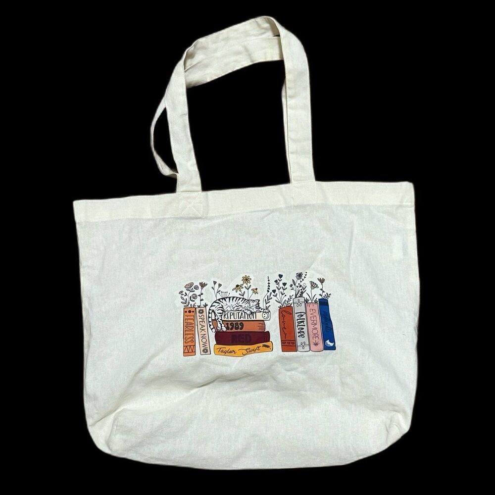 Taylor Swift Eras Stacked Book Stack Cat Canvas Tote Bag Cream One Size